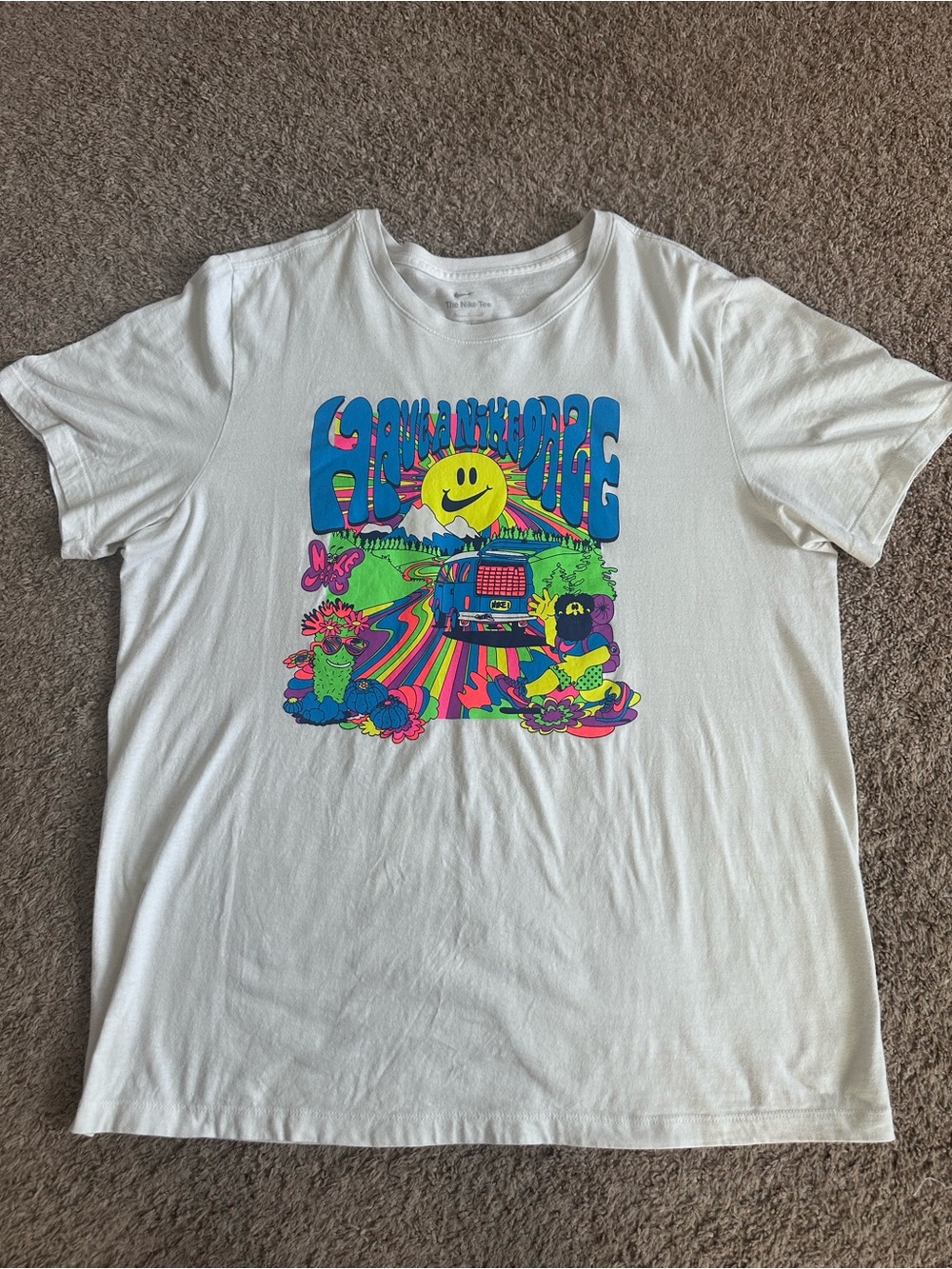 Nike White Short Sleeve Tee with Multicolor Psychedelic Graphic